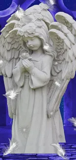 Serene angel statue with wings surrounded by ethereal feathers.