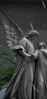 Serene angel statue amidst ferns and rainfall.