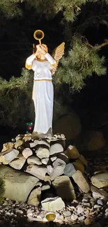 Illuminated angel statue in night garden with rocky surroundings.