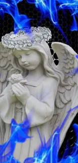 Angel statue with a diamond halo and blue flames background.