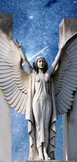 Angelic statue with wings under a vibrant starry night sky.