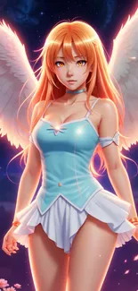 Anime angel with wings in a blue outfit.