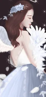 Angelic figure with feathers and halo displayed on mobile wallpaper.