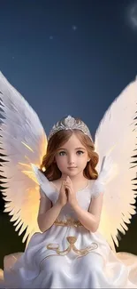 Serene angel with luminous wings in a night sky.