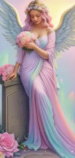 Ethereal angelic figure in serene pastel colors with angel wings and floral accents.