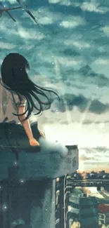 Animated girl on rooftop at sunset with city view.