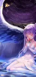 Anime angel with wings and purple hair, in a cosmic setting.