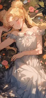 Anime character sleeping peacefully among flowers in soft lighting.