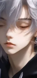 Serene anime character portrait with silver hair and closed eyes.