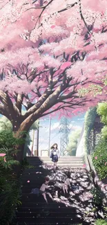 Anime wallpaper of cherry blossoms and lush scenery with vibrant pink tones.