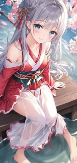 Anime girl in kimono sitting by cherry blossoms over water.