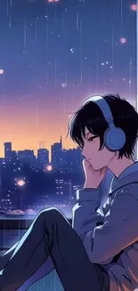 Anime character listening to music by a rainy window at night.