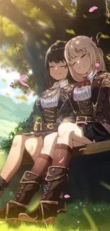 Two anime friends enjoying a quiet moment under a sunlit tree with falling petals.