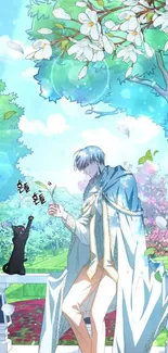 Anime character with cat in vibrant garden setting.