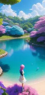 Anime style garden with lake and vibrant blossoms.