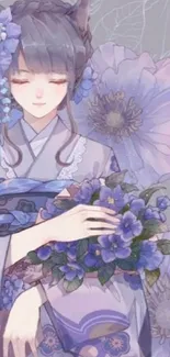 Serene anime girl in a lavender floral kimono holding flowers.