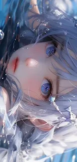 Anime girl with blue hair submerged in water, creating a serene atmosphere.