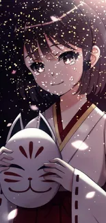 Anime girl with mask and petals in serene setting.