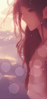 Serene anime girl with flowing hair in soft pastel sky.