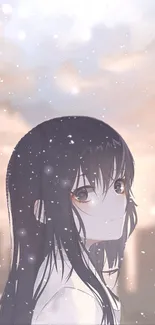 Anime girl with dark hair in a pastel snowy scene, serene expression.