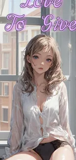 Anime girl in soft light wearing white shirt.