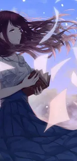 Anime girl with flowing hair holds a book under a dreamy sky.