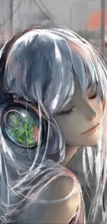 Anime character with silver hair and headphones in a serene setting.