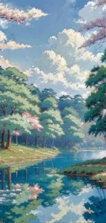 Picturesque anime wallpaper of a serene river and lush landscape.