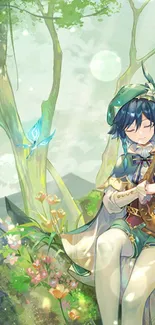 Anime character plays lyre in peaceful forest setting.