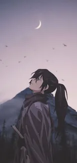 Anime character gazing at night sky with crescent moon and mountains.