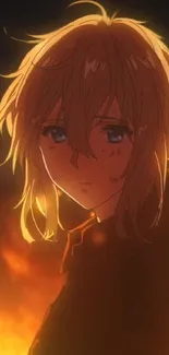 Anime character with warm orange glow at night scene.