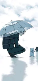 Anime character with umbrella and cat in a rainy scene.