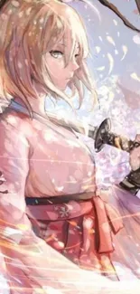 Anime girl with sakura blossoms and sword in a pink hue.