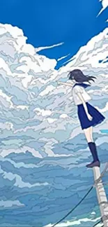 Anime girl stands on a pole under a vast, blue sky filled with clouds.