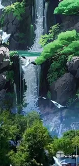 Anime waterfall landscape with lush greenery and birds in flight.