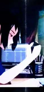 Anime character at desk with a computer screen and blue background.