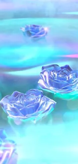 Aqua-tone wallpaper with floating blue roses and calming glow.