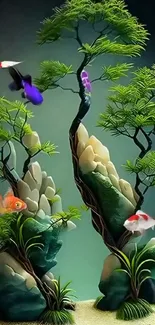 Aquarium wallpaper with goldfish and aquatic plants in a serene setting.