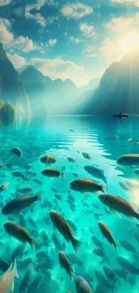 Wallpaper depicting clear waters with fish and mountains under blue sky.