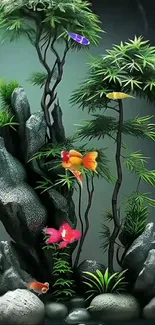 Aquatic nature wallpaper with fish and rocks.