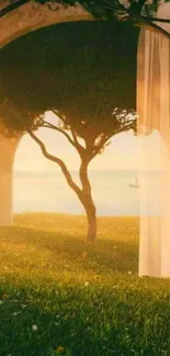 Scenic archway with green grass and tree, overlooking the sea at sunrise.