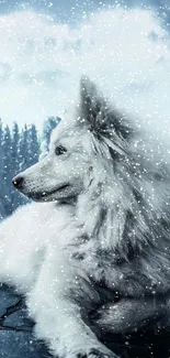 White dog in snow landscape mobile wallpaper.