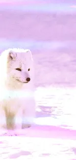 A serene white arctic fox on a snowy lavender landscape.