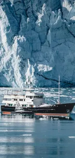 Boat sailing near majestic glacier in Arctic landscape.