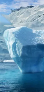 A serene Arctic scene with a majestic iceberg over calm blue waters.