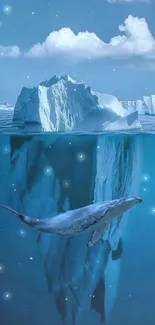 Whale swimming below an Arctic iceberg with stars in the sky.