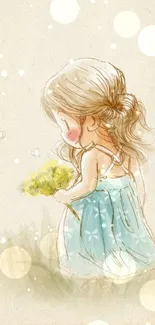 Whimsical illustration of a girl with flowers on a serene background.