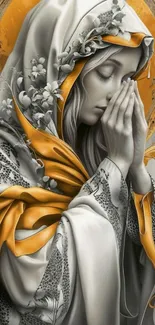 Saintly figure in prayer with gold accents