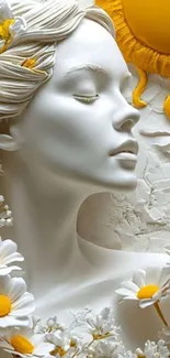 Artistic sculpture with daisies and sun in white and yellow tones.
