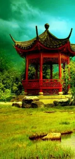 Red pagoda in lush Asian garden landscape.